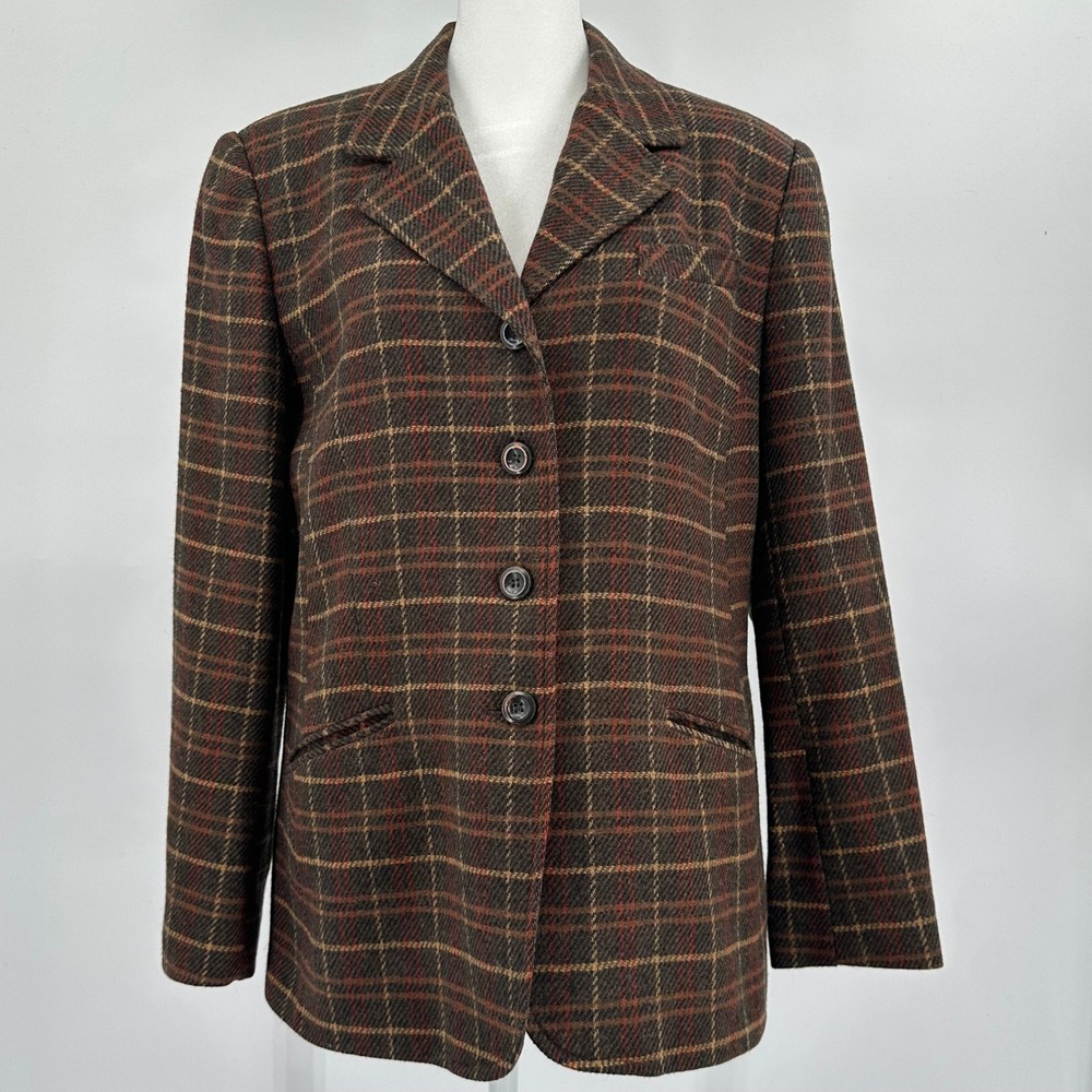 Vintage Andrea Viccaro Petite Brown Plaid 100% Wool Blazer Jacket Size 12P
